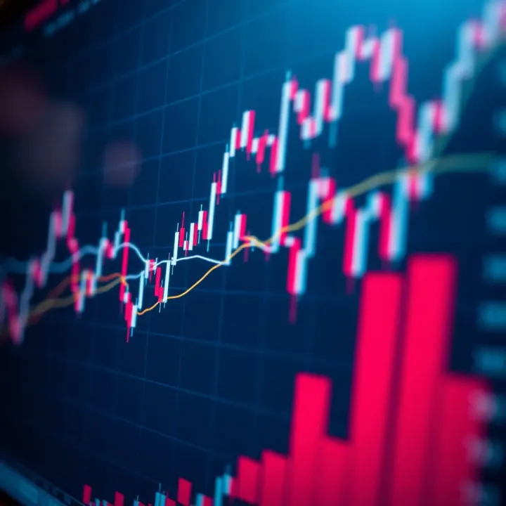 Line chart depicting stock price movements with trend lines and volume bars
