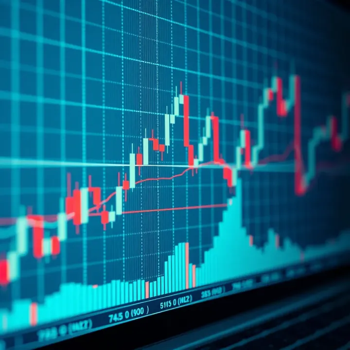 Graph showing candlestick patterns and trend lines on a financial chart for technical trading analysis