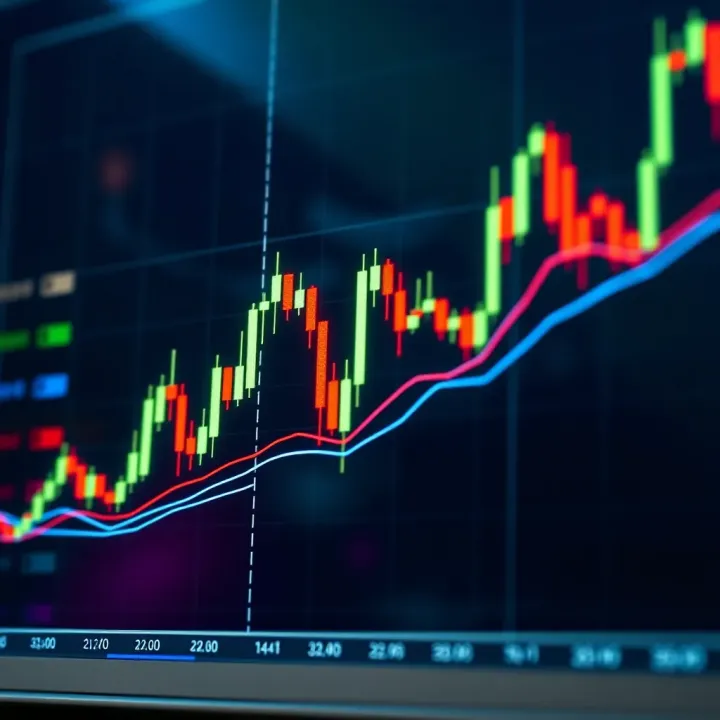 Graph displaying candlestick patterns and trend lines indicating price movements