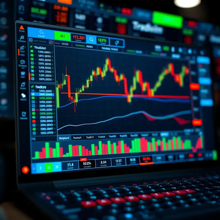 Trading interface displaying various technical tools like trendlines, moving averages, and support resistance levels