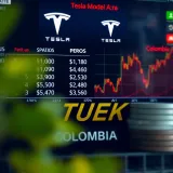Chart showing Tesla model prices in Colombian pesos alongside currency exchange rate fluctuations