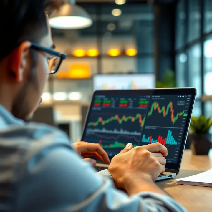 Illustration of a person studying a laptop with trading charts displayed, highlighting learning and strategy development