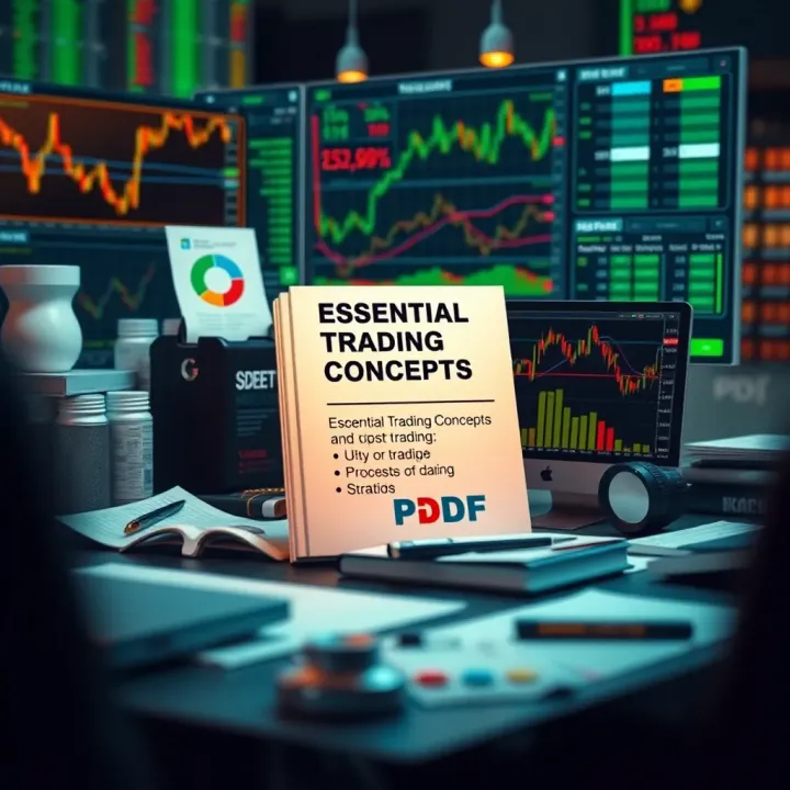 Essential Trading Concepts and Tools in a PDF Course Illustration of trading concepts with charts and learning tools surrounding a digital book