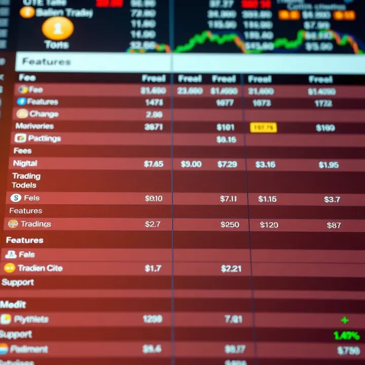 Comparison table displaying different trading platforms with columns for fees, features, and support options