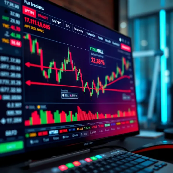 Graphical representation of an online trading platform interface showing market charts and trading options