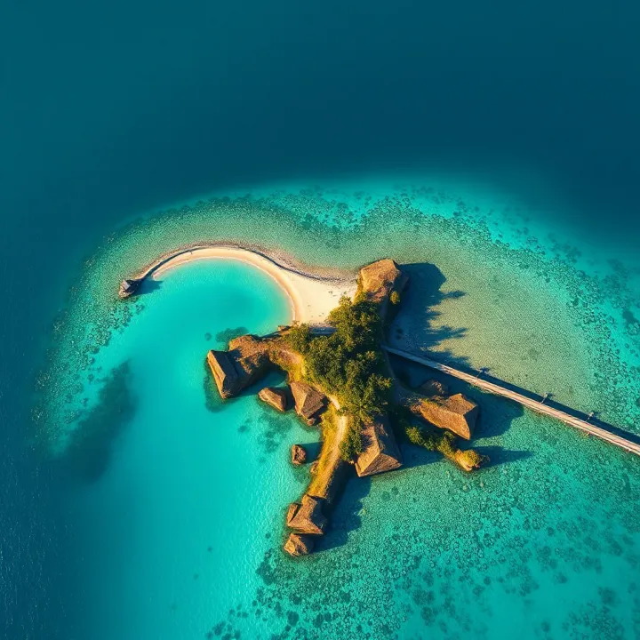 Coastal Islet Surrounded by Clear Waters in Colombia Aerial view of a small tropical islet surrounded by turquoise waters off the Colombian coast