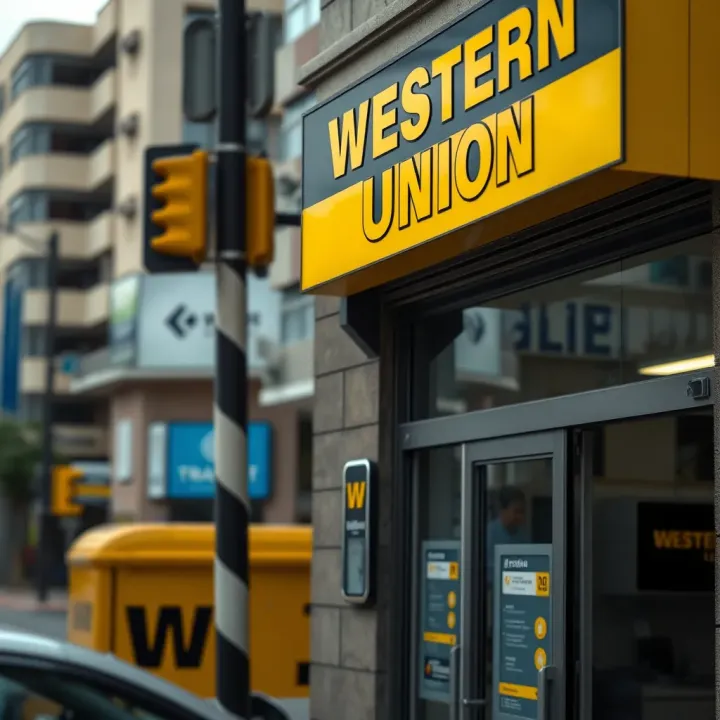 Western Union Location in Colombia Western Union branch sign in a Colombian urban setting